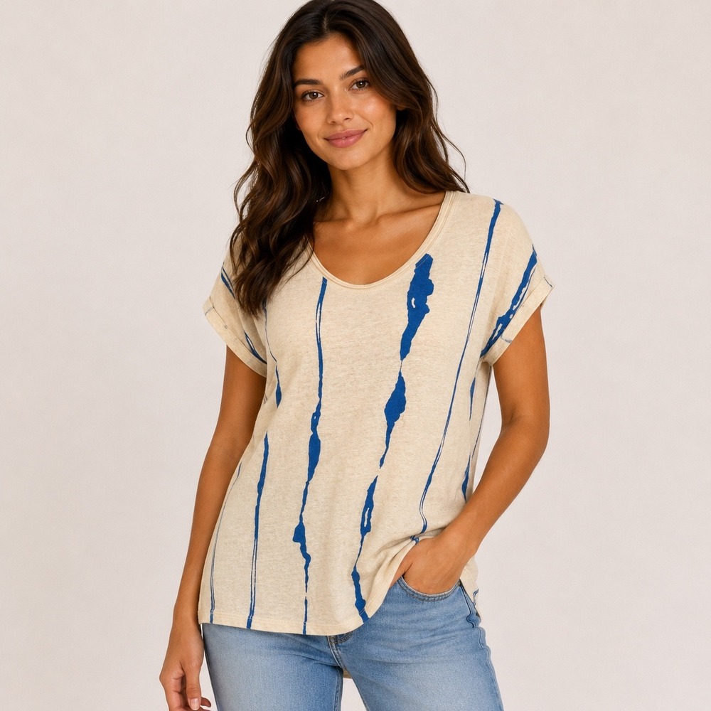 Lysse New York Top XS Oatmeal Blue Abstract Stripe Linen Blend Cuffed Sleeve